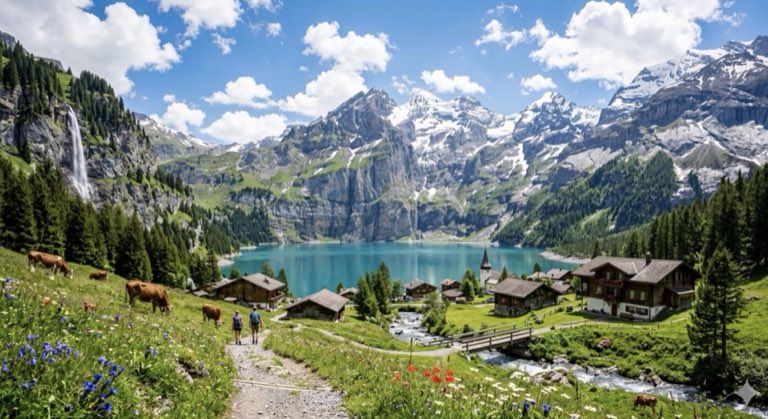 Turquoise alpine lake, waterfall and a chalet village beneath snow peaks